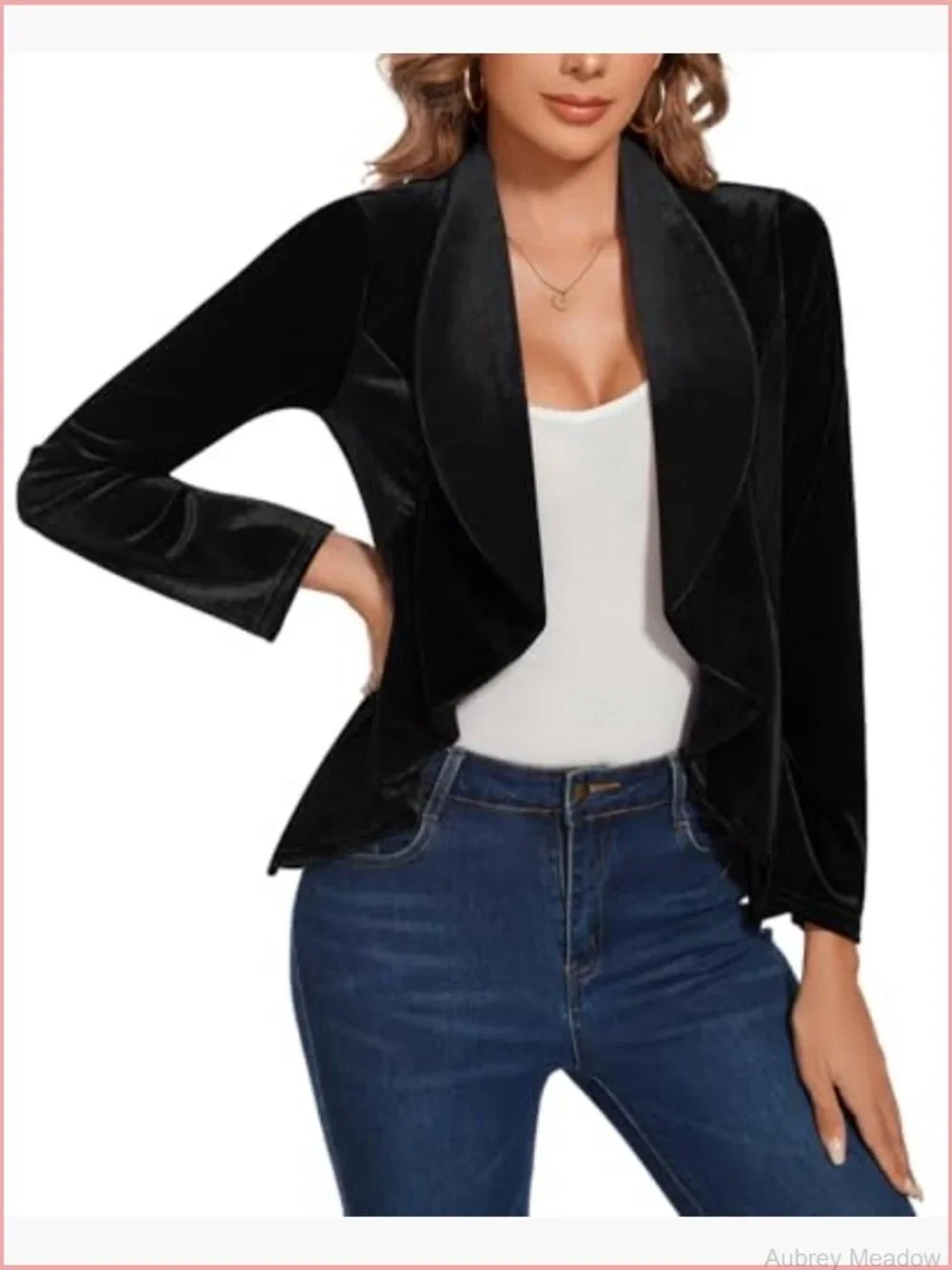 Velvet Open Front Blazer Shawl Lapel Ruffle Hem Long Sleeve Work Coat